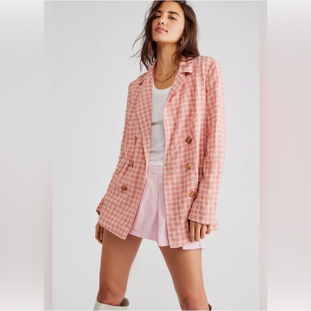 NWOT Free People Olivia Gingham Blazer Double Breasted Size Small